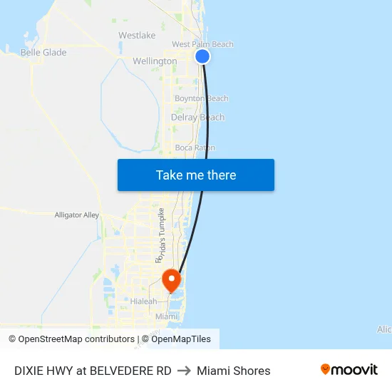 DIXIE HWY at BELVEDERE RD to Miami Shores map