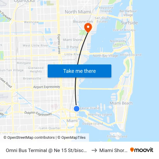 Omni Bus Terminal @ Ne 15 St/biscayne to Miami Shores map
