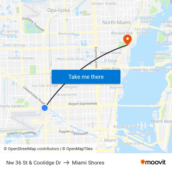 Nw 36 St & Coolidge Dr to Miami Shores map