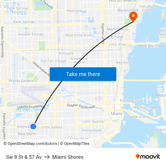 Sw 8 St & 57 Av to Miami Shores map