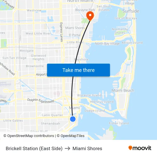 Brickell Station (East Side) to Miami Shores map