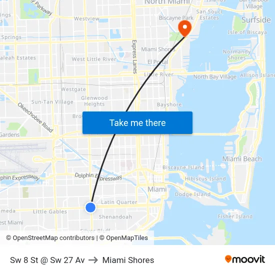 Sw 8 St @ Sw 27 Av to Miami Shores map