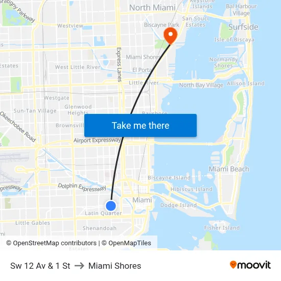 Sw 12 Av & 1 St to Miami Shores map