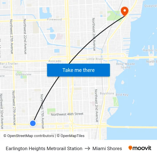 Earlington Heights Metrorail Station to Miami Shores map
