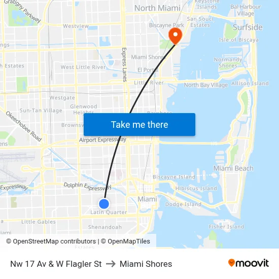 Nw 17 Av & W Flagler St to Miami Shores map