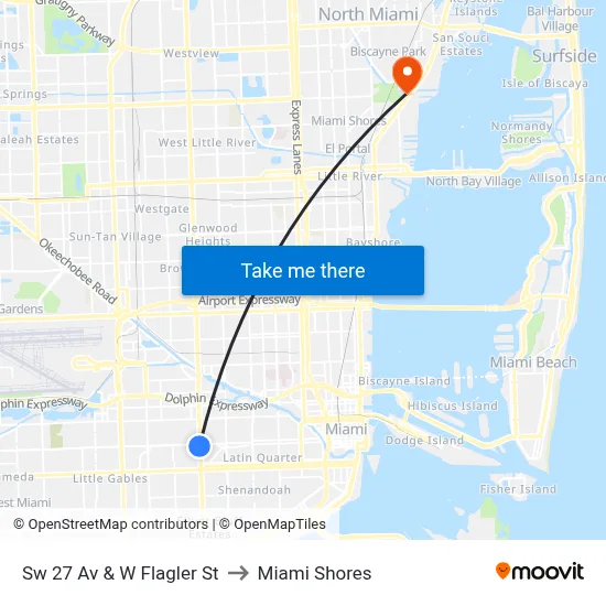 Sw 27 Av & W Flagler St to Miami Shores map