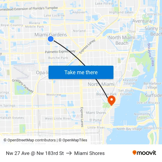 Nw 27 Ave @ Nw 183rd St to Miami Shores map