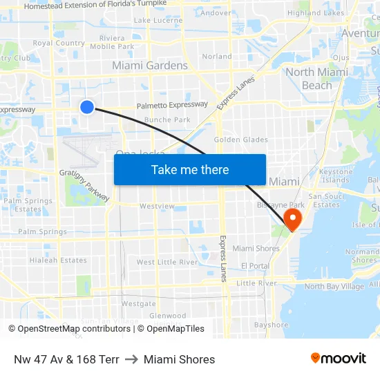 Nw 47 Av & 168 Terr to Miami Shores map