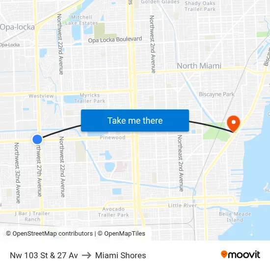 Nw 103 St & 27 Av to Miami Shores map
