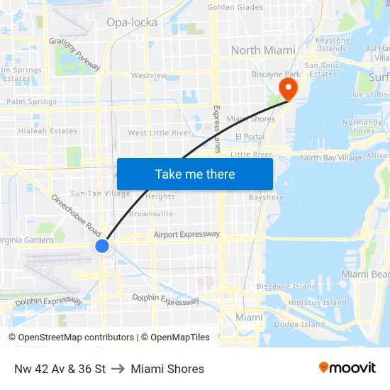 Nw 42 Av & 36 St to Miami Shores map
