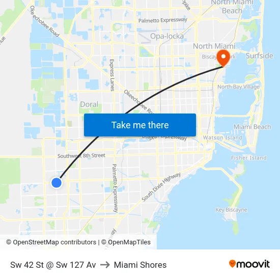 Sw 42 St @ Sw 127 Av to Miami Shores map