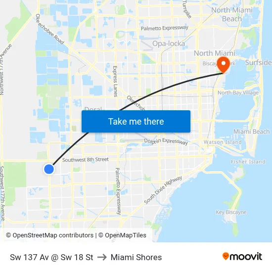 Sw 137 Av @ Sw 18 St to Miami Shores map