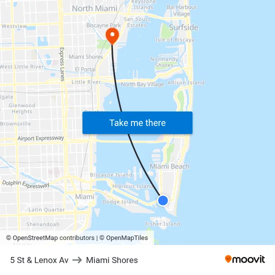 5 St & Lenox Av to Miami Shores map