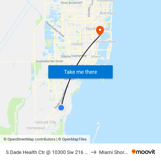 S Dade Health Ctr @ 10300 Sw 216 St to Miami Shores map