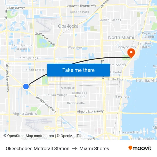 Okeechobee Metrorail Station to Miami Shores map