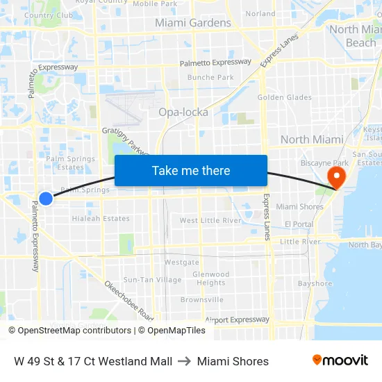 W 49 St & 17 Ct Westland Mall to Miami Shores map