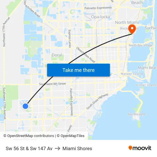 Sw 56 St & Sw 147 Av to Miami Shores map
