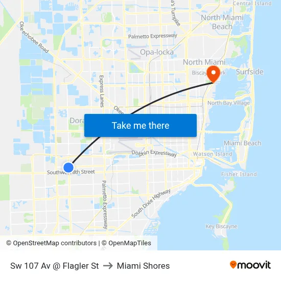 Sw 107 Av @ Flagler St to Miami Shores map