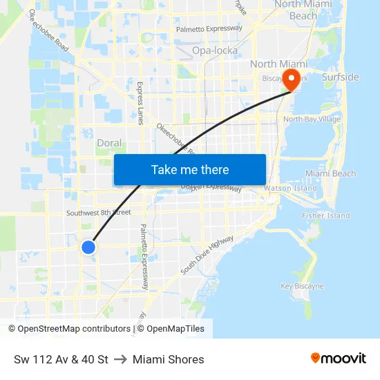 Sw 112 Av & 40 St to Miami Shores map