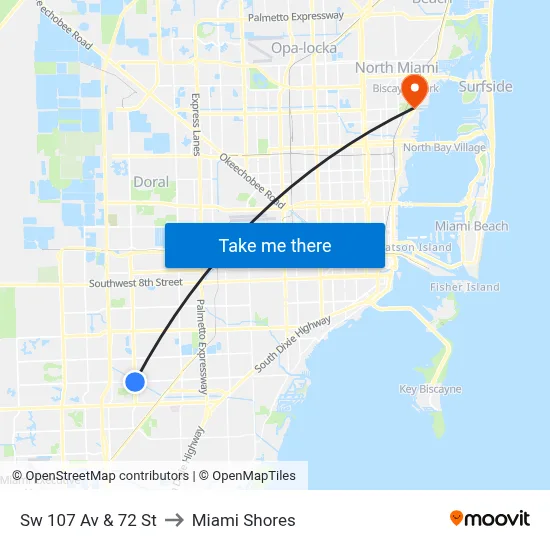 Sw 107 Av & 72 St to Miami Shores map