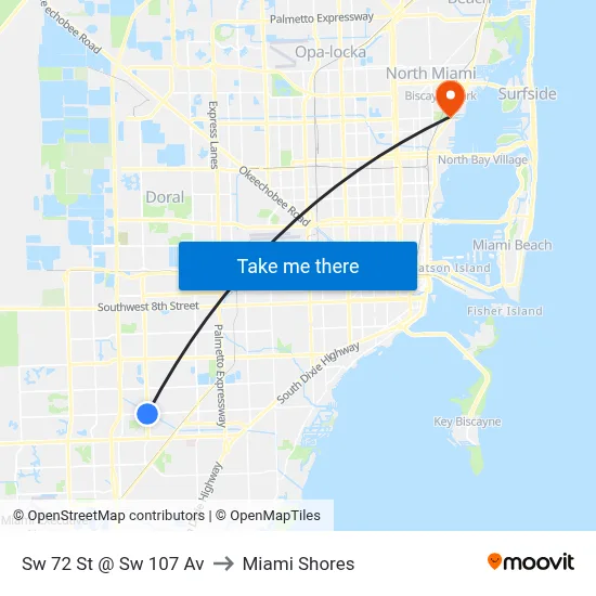Sw 72 St @ Sw 107 Av to Miami Shores map