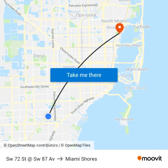 Sw 72 St @ Sw 87 Av to Miami Shores map