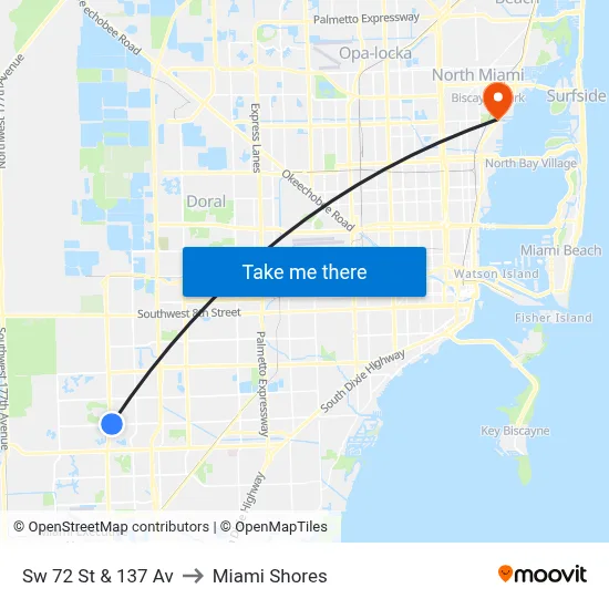 Sw 72 St & 137 Av to Miami Shores map