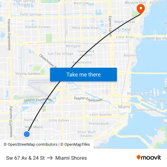 Sw 67 Av & 24 St to Miami Shores map