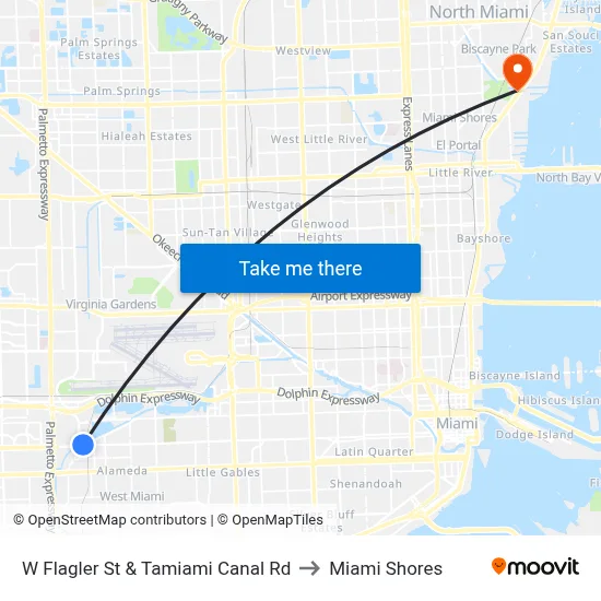 W Flagler St & Tamiami Canal Rd to Miami Shores map