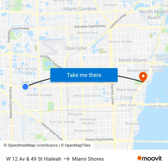 W 12 Av & 49 St Hialeah to Miami Shores map