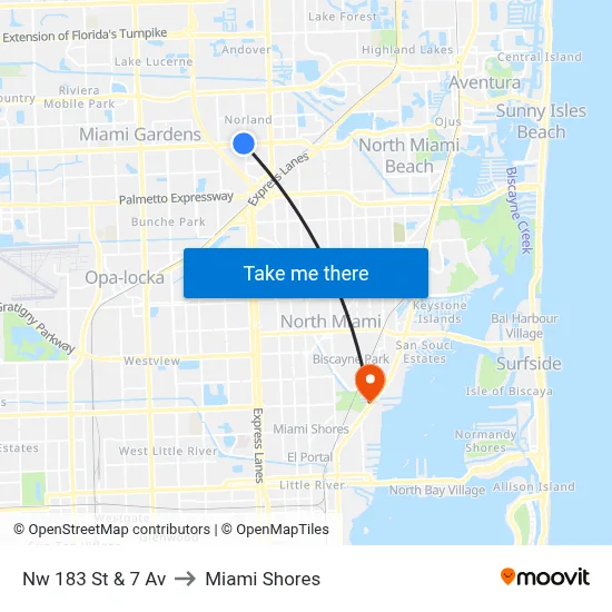 Nw 183 St & 7 Av to Miami Shores map