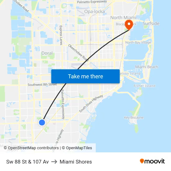 Sw 88 St & 107 Av to Miami Shores map