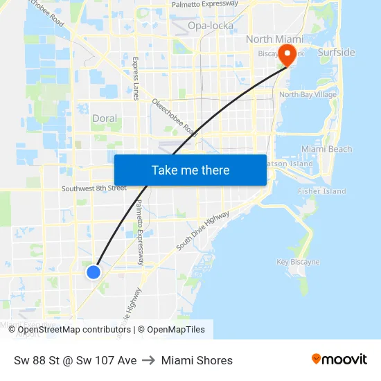 Sw 88 St @ Sw 107 Ave to Miami Shores map