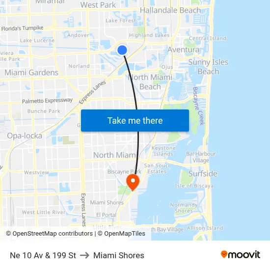 Ne 10 Av & 199 St to Miami Shores map