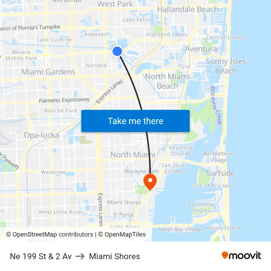 Ne 199 St & 2 Av to Miami Shores map