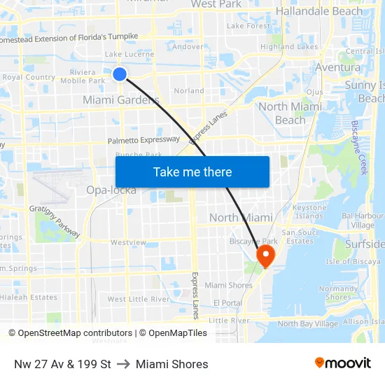 Nw 27 Av & 199 St to Miami Shores map