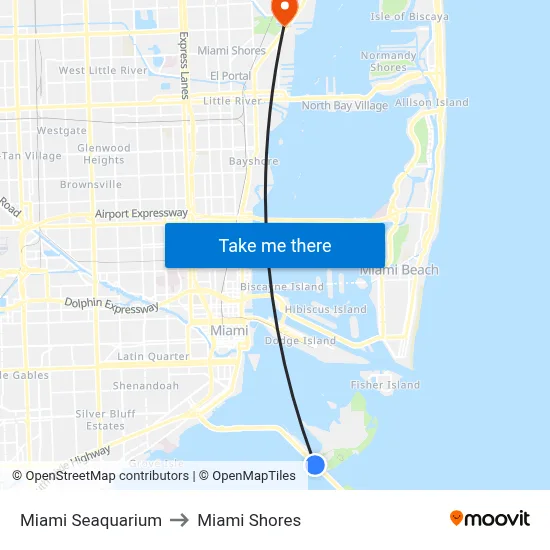 Miami Seaquarium to Miami Shores map