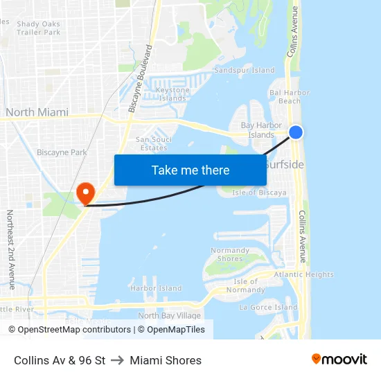 Collins Av & 96 St to Miami Shores map