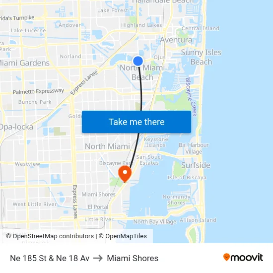 Ne 185 St & Ne 18 Av to Miami Shores map