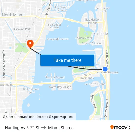 Harding Av & 72 St to Miami Shores map