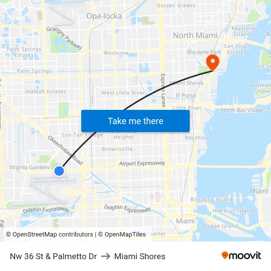 Nw 36 St & Palmetto Dr to Miami Shores map
