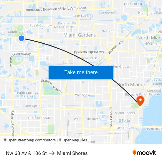 Nw 68 Av & 186 St to Miami Shores map