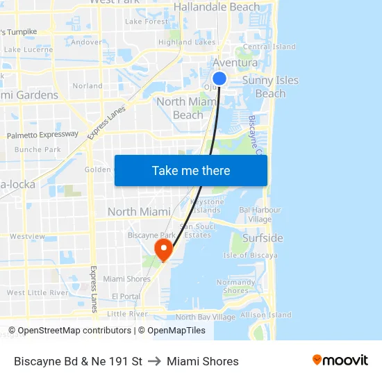 Biscayne Bd & Ne 191 St to Miami Shores map