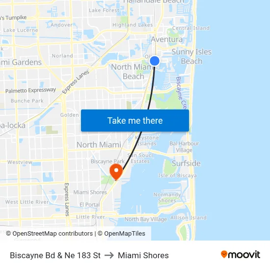 Biscayne Bd & Ne 183 St to Miami Shores map