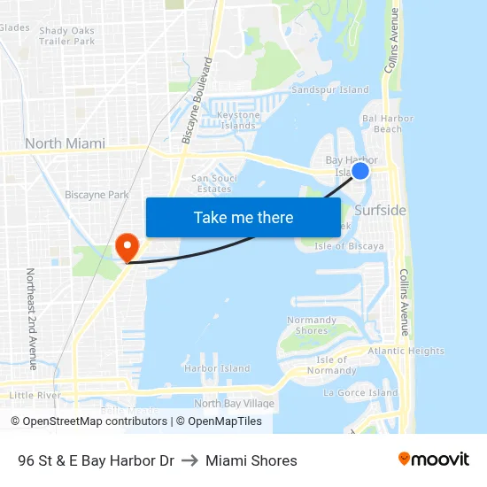 96 St & E Bay Harbor Dr to Miami Shores map
