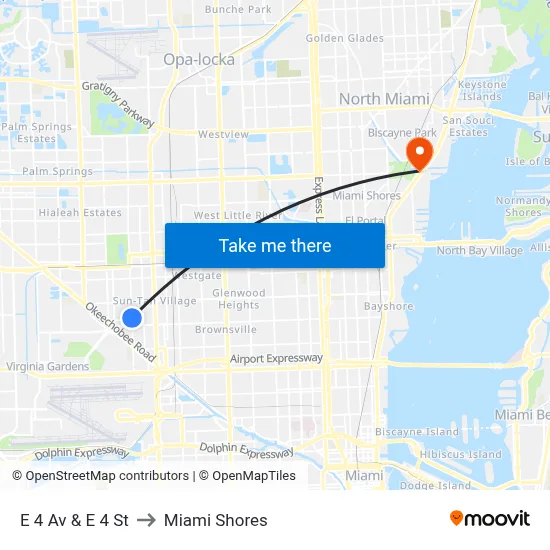 E 4 Av & E 4 St to Miami Shores map