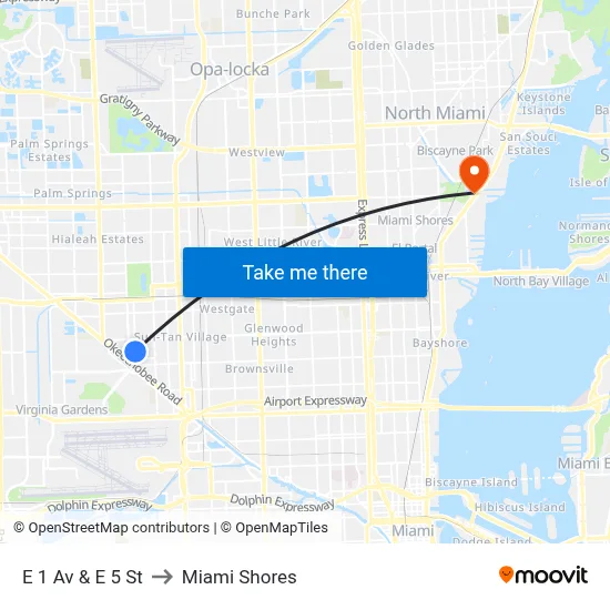 E 1 Av & E 5 St to Miami Shores map