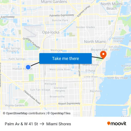 Palm Av & W 41 St to Miami Shores map