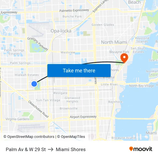 Palm Av & W 29 St to Miami Shores map