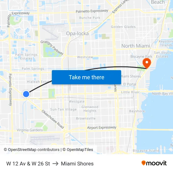 W 12 Av & W 26 St to Miami Shores map
